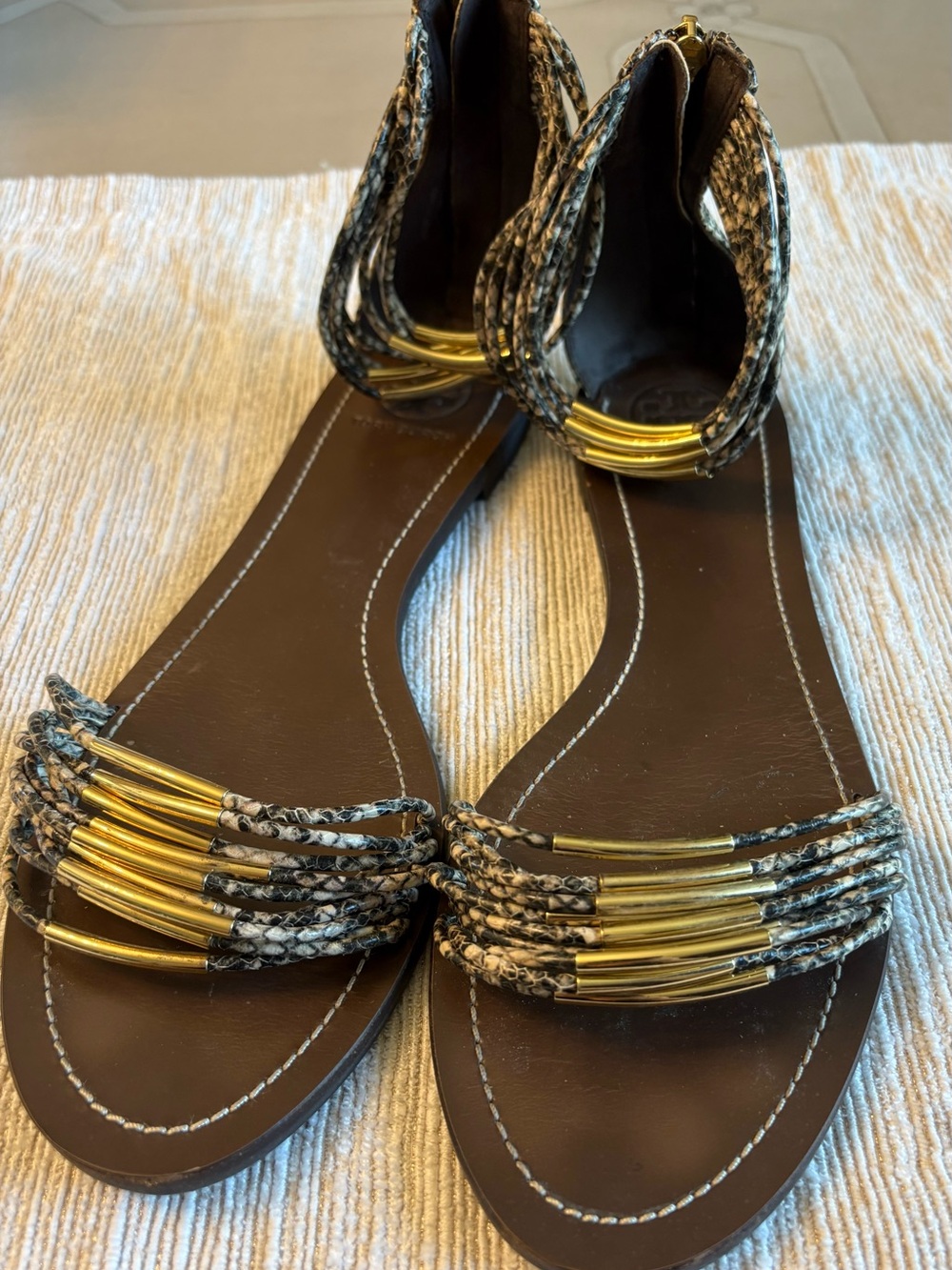 Tory Burch Mignon Rings Snake Print & Gold Flat Sandals